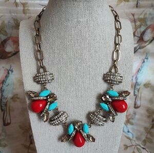 Faux Turquoise Tomato Red Clear Rhinestone Unsigned Statement Necklace Cabachons